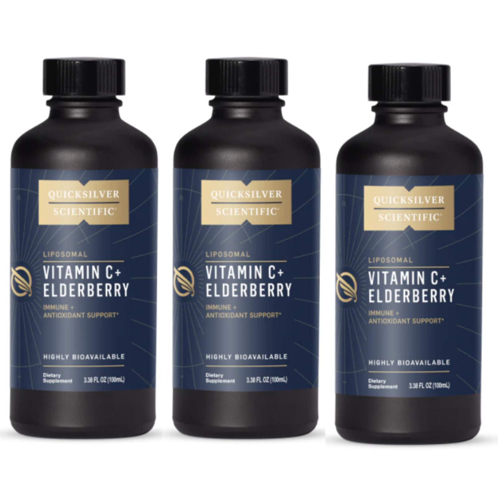 Quicksilver Scientific Liposomal Vitamin C+ L-Ascorbic Acid Elderberry 3 PACK bottles for immune support.