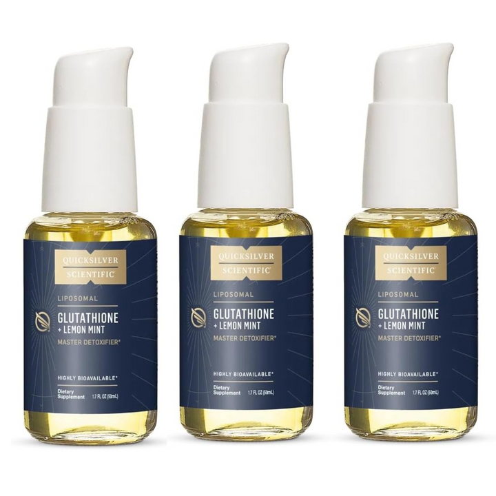 Quicksilver Scientific Liposomal Glutathione Lemon Mint Oral Detox 50ml 3 pack bottles for detoxification and immune support.
