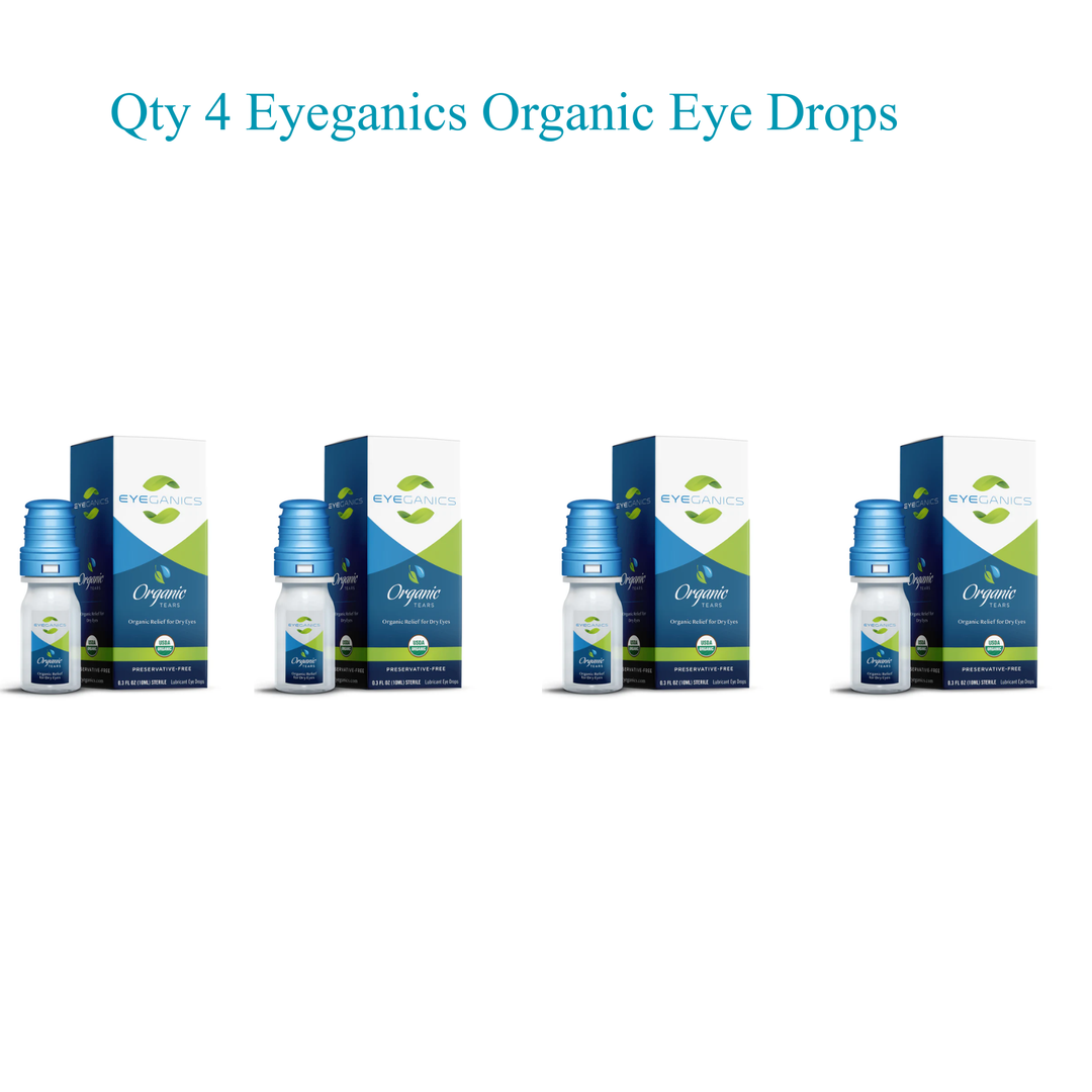 Qty 4 Eyeganics Organic Eye Drops bottles showing preservative-free eye hydration solution.