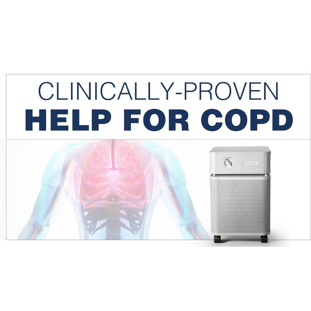 Austin Air HEPA Bedroom Machine, clinically-proven help for COPD, shown with anatomical illustration.