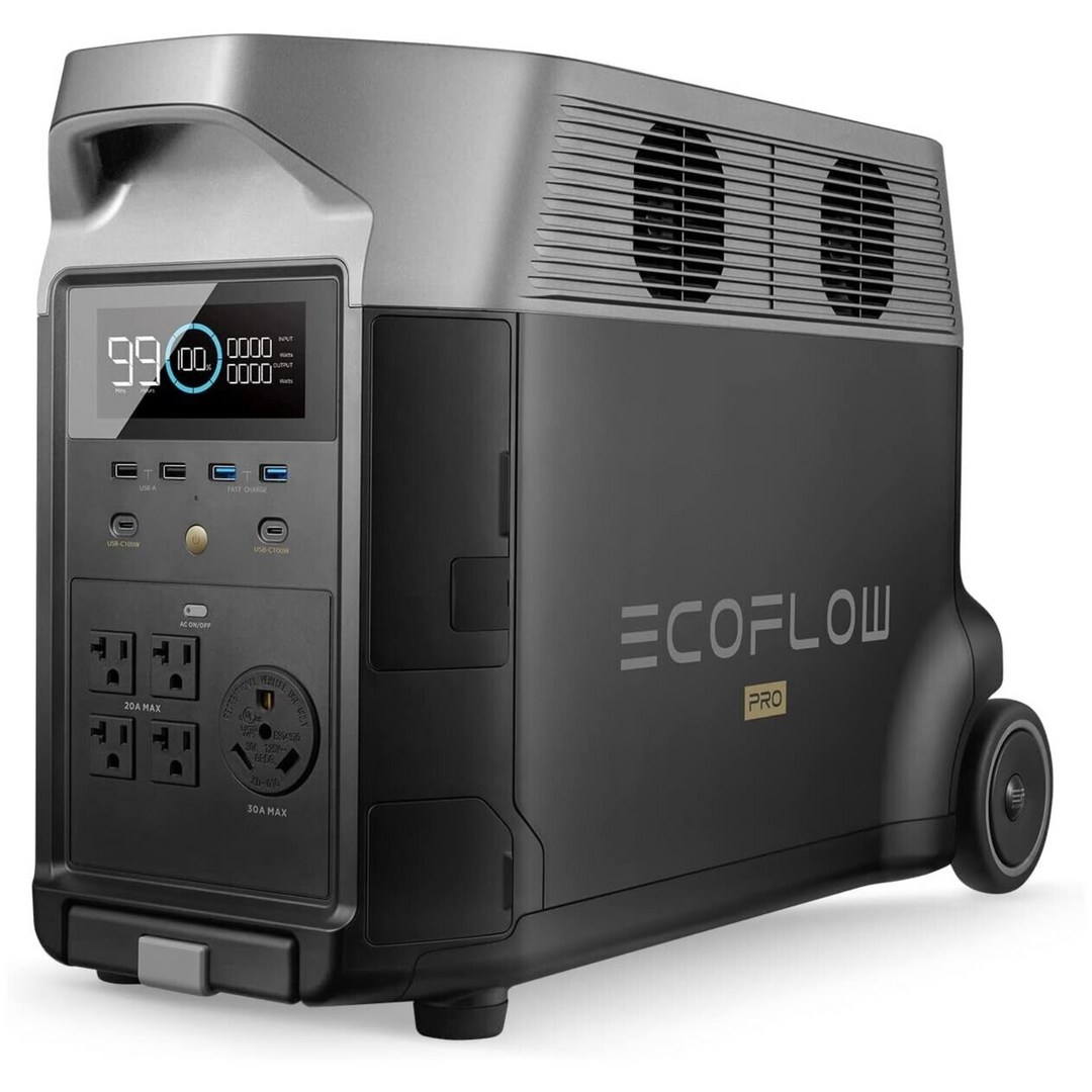 EcoFlow DELTA Pro + DELTA Pro Extra Battery + Solar Panel, a portable power station with multiple outlets and display.