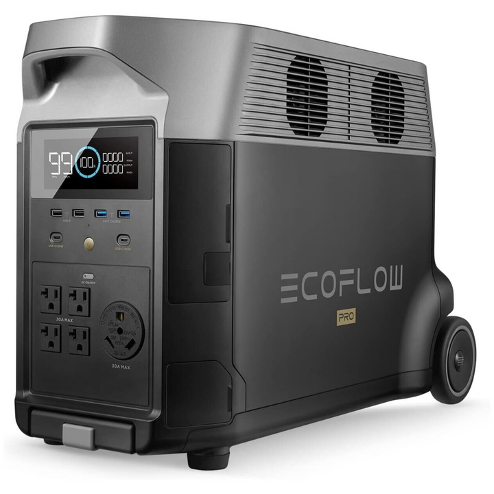 EcoFlow DELTA Pro + DELTA Pro Extra Battery + Solar Panel, a portable power station with multiple outlets and display.