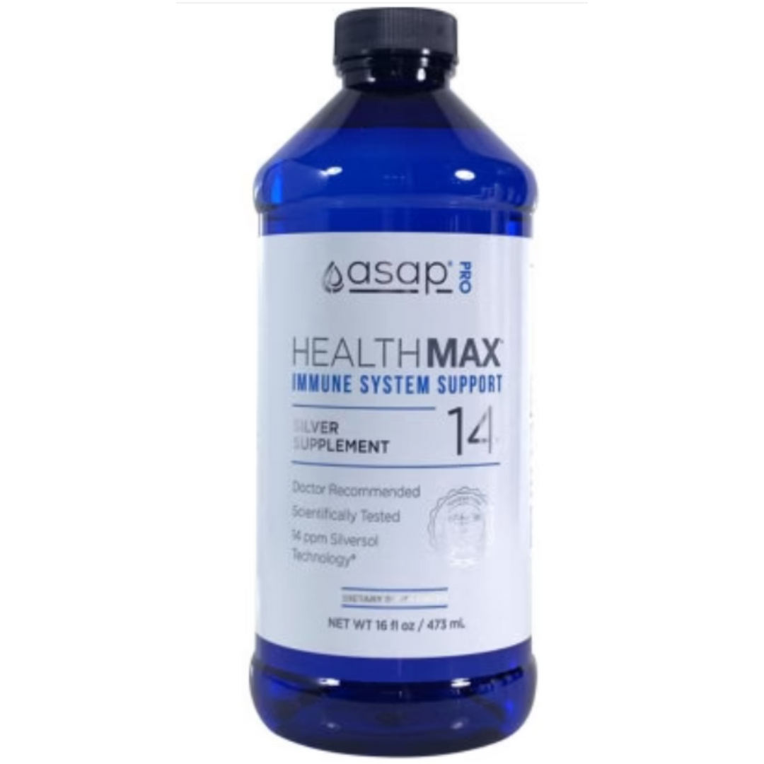 American Biotech Labs Healthmax Silver 14ppm 16Oz Immune Support bottle with blue liquid and label details.