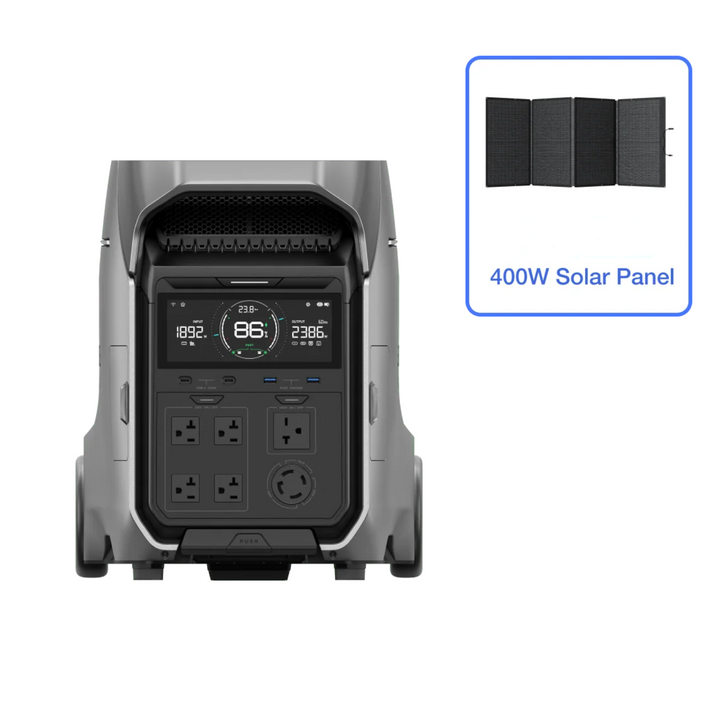 EcoFlow DELTA Pro 3 and Solar Panel Set showing portable power station and 400W solar panel design.