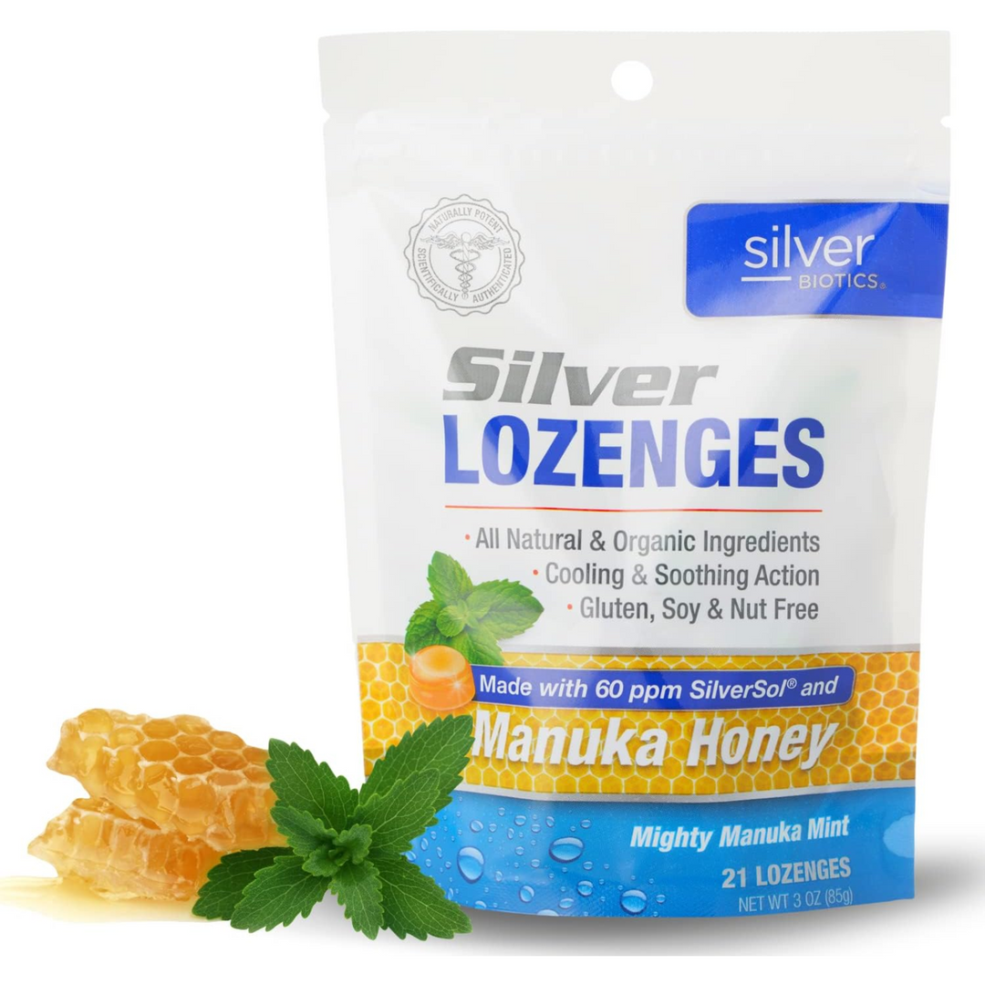 American Biotech Labs Silver Lozenges with Manuka Honey packaging featuring honeycomb and mint.