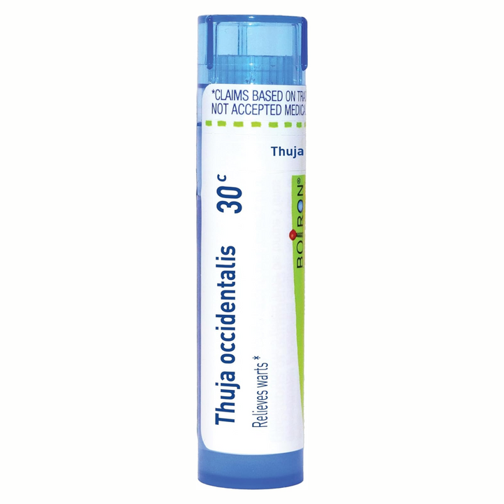 Boiron Laboratories Thuja 30C homeopathic remedy tube for immune health and skin-related issues.