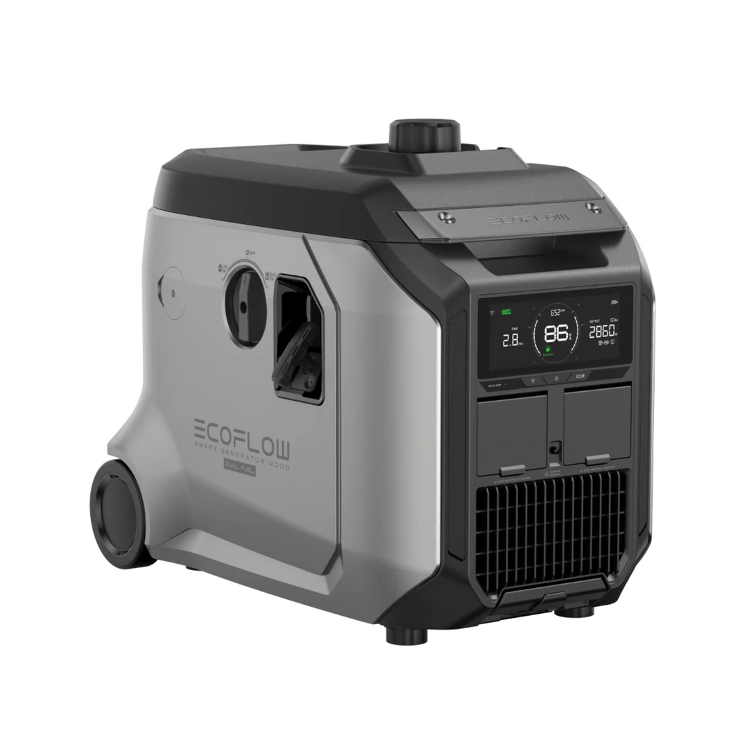 EcoFlow Smart Generator 4000 Dual Fuel with LPG and Gasoline, portable power generator with display panel.