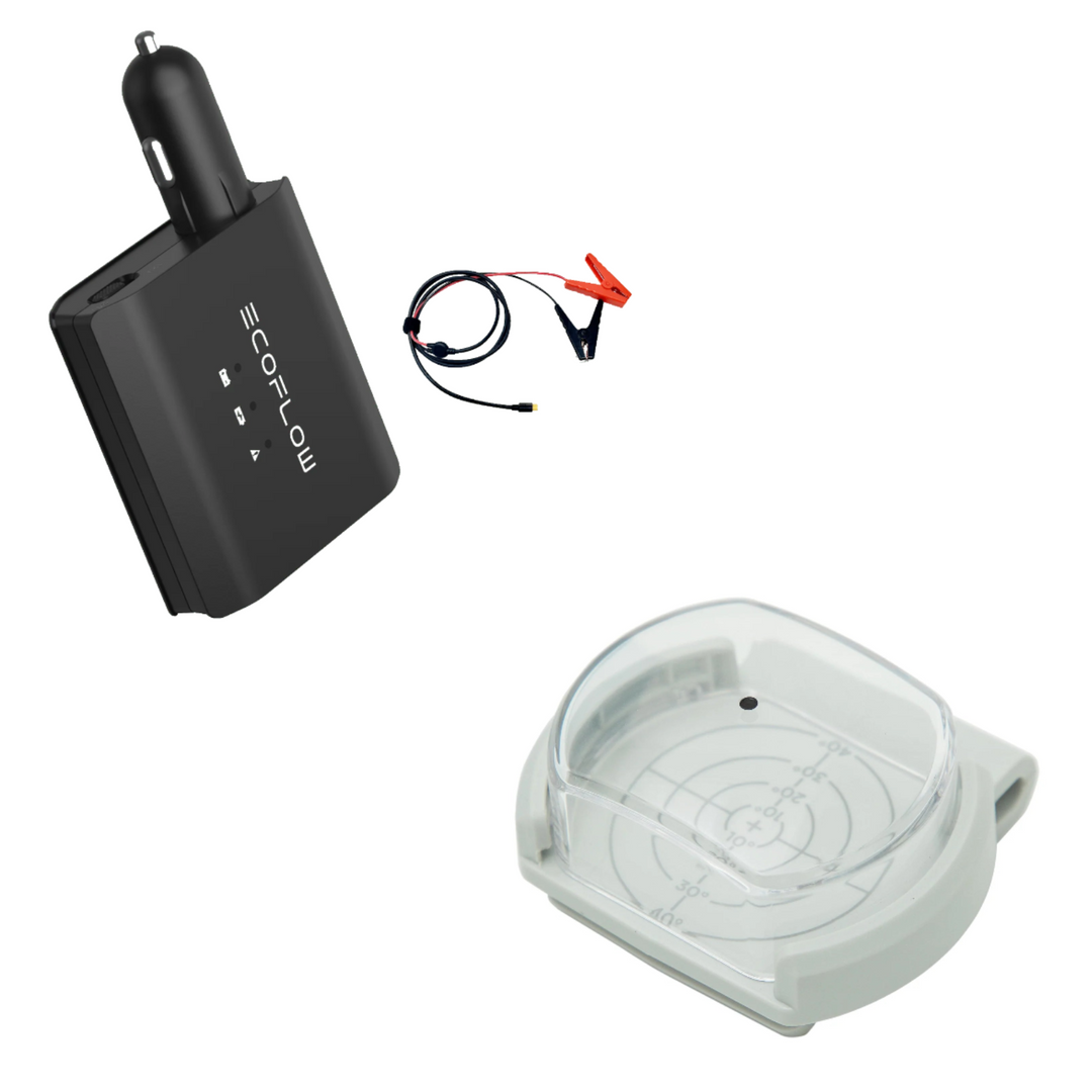 EcoFlow Smart Auto Battery Charger + 1 Solar Angle Guide 2 KIT with connectors and holder for efficient charging.
