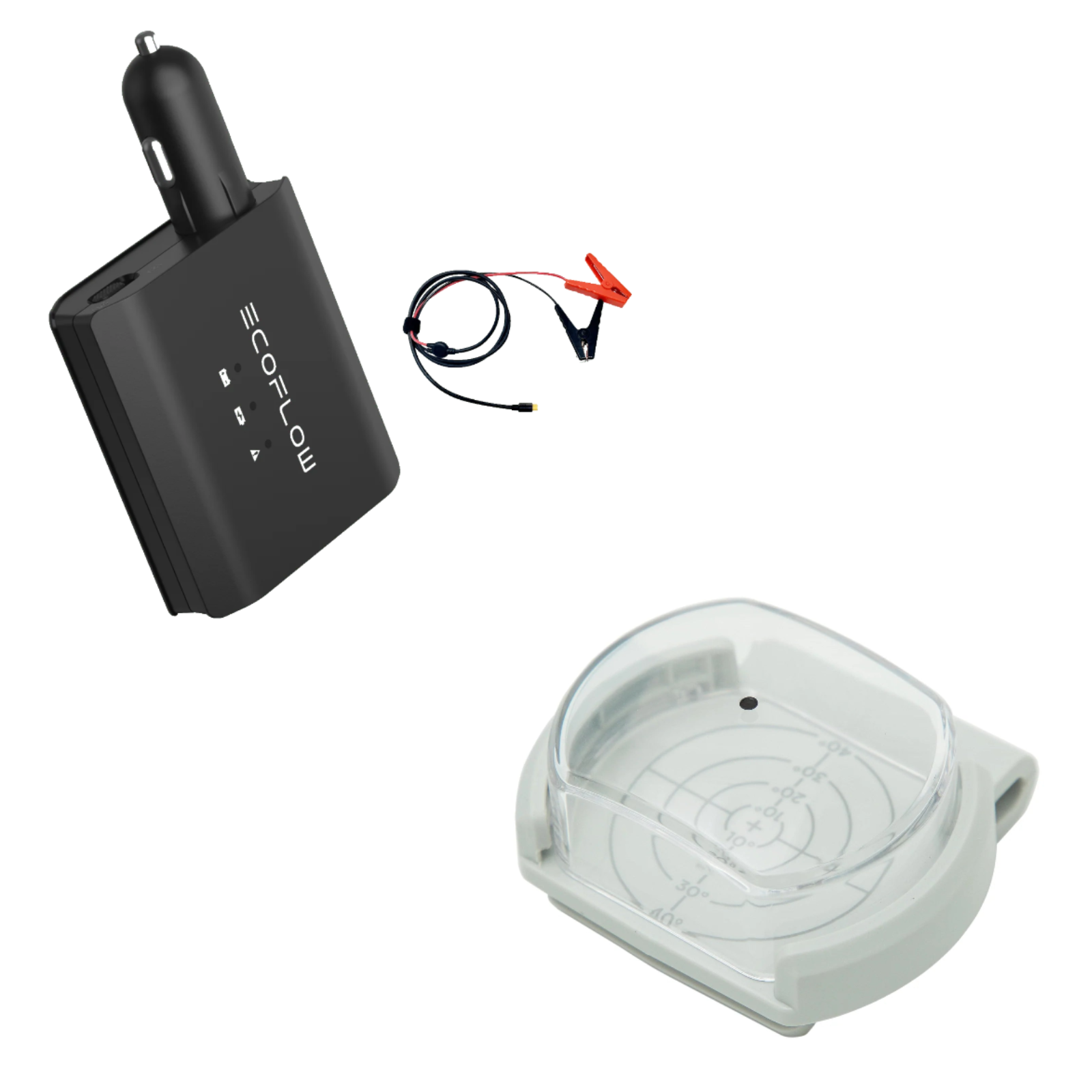EcoFlow Smart Auto Battery Charger + 1 Solar Angle Guide 2 KIT with connectors and holder for efficient charging.