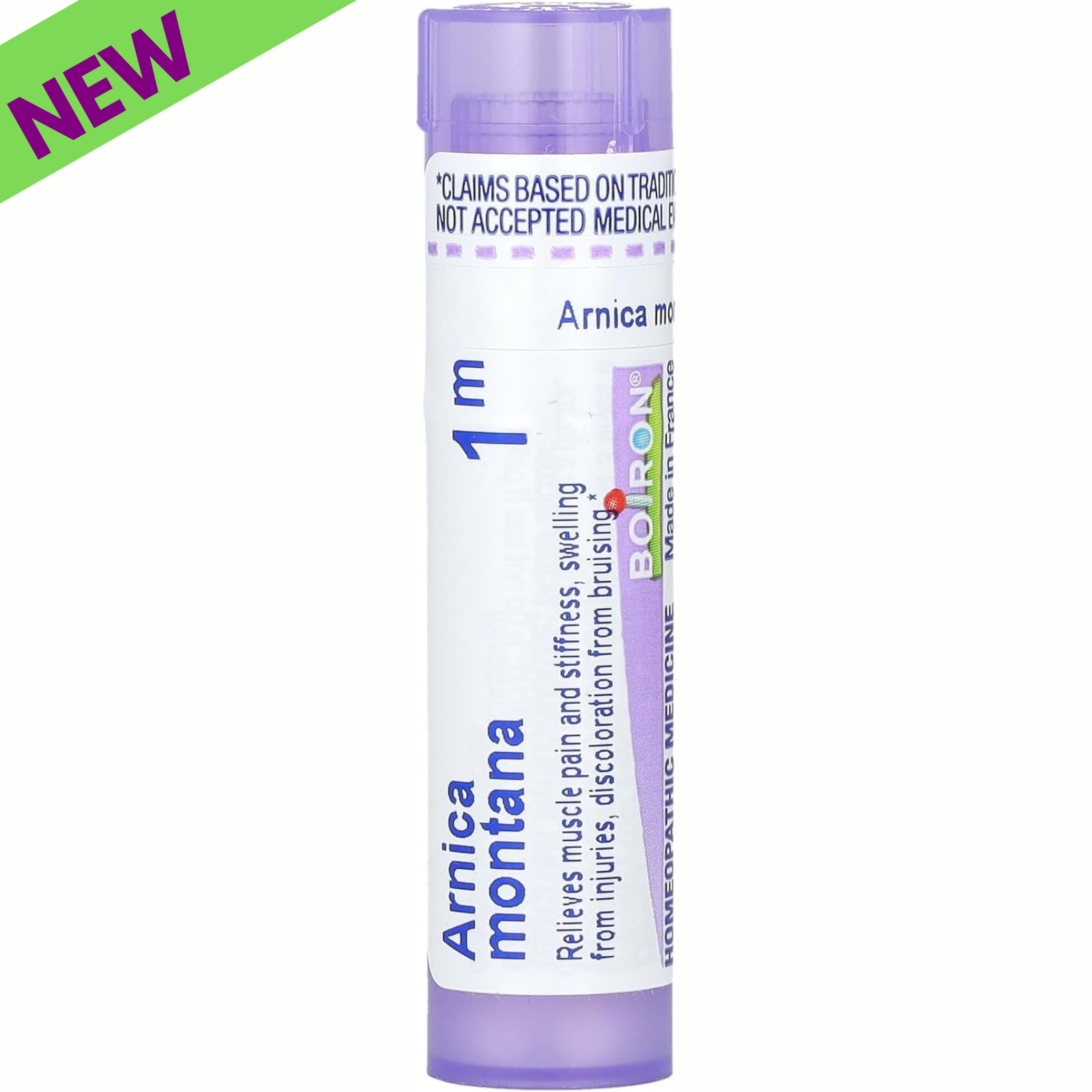 Boiron Arnica Montana 1M pellets for muscle pain relief and bruising treatment, easy to use meltaway formula.