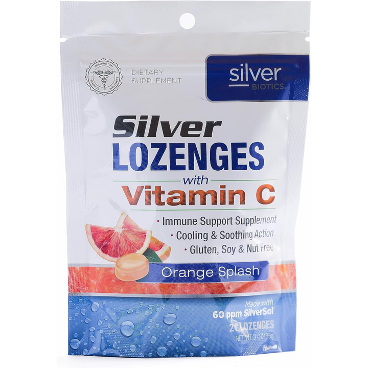 American Biotech Labs Silver Lozenges with Vitamin C 60 ppm SilverSol 21 Count package featuring orange splash flavor.