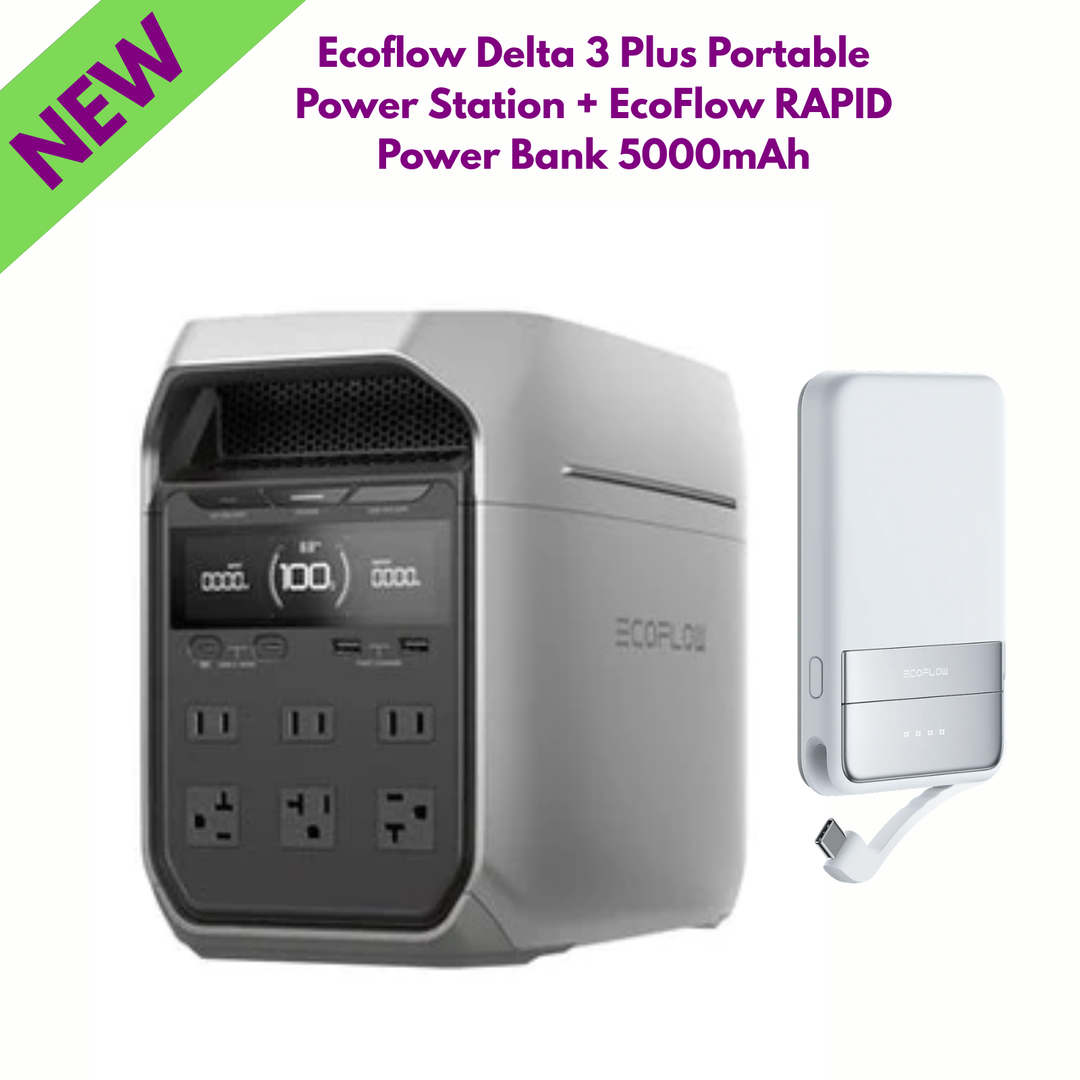 Ecoflow Delta 3 Plus Portable Power Station + EcoFlow RAPID Power Bank 5000mAh in a new product display.