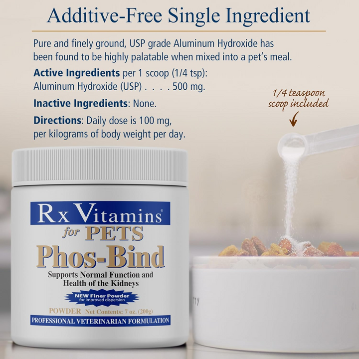 Rx Vitamins For Pets Phos Bind 200g Kidney Support Powder packaging with scoop and ingredients overview.