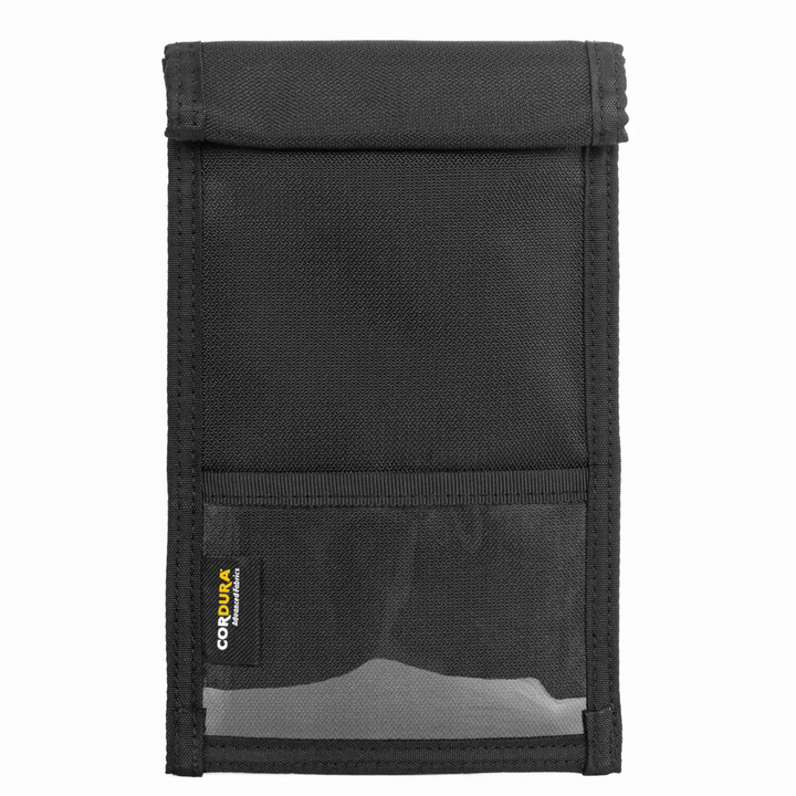 Faraday Jacket Pro Cordura vertical phone bag with magnetic closure and transparent pocket.