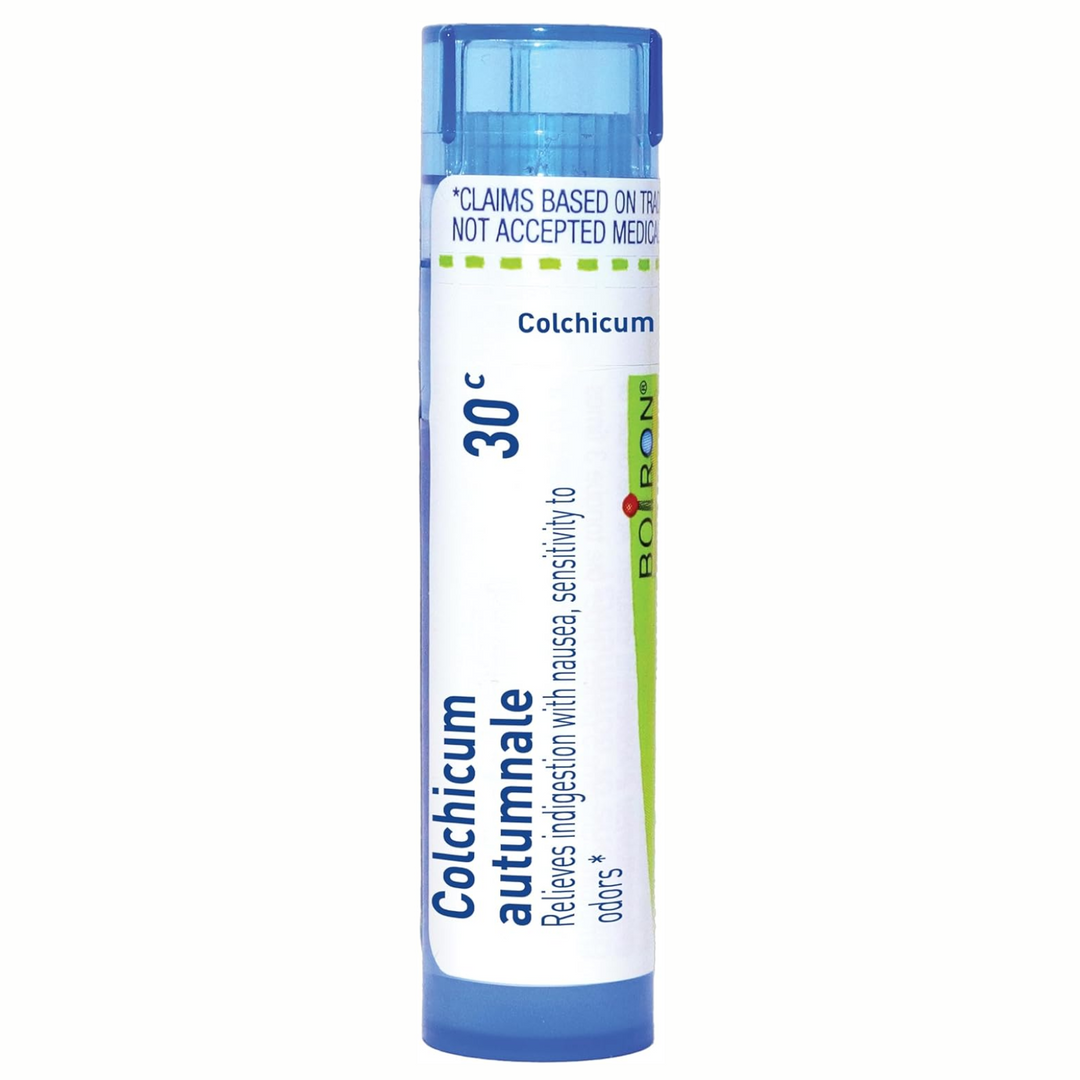Boiron Laboratories Colchicum Autumnale 30C homeopathic remedy for pain relief, 80 pellets in a blue tube.