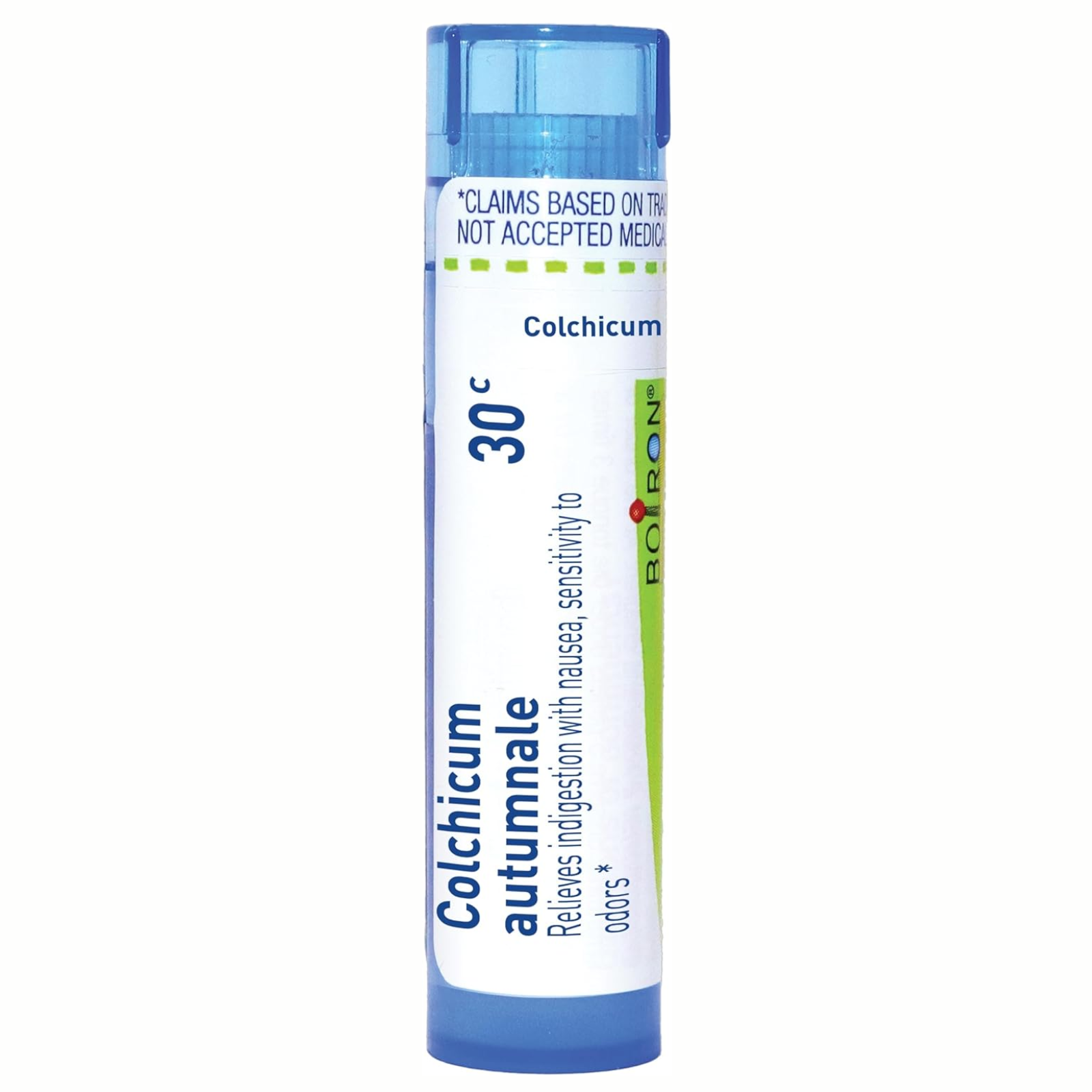 Boiron Laboratories Colchicum Autumnale 30C homeopathic remedy for pain relief, 80 pellets in a blue tube.