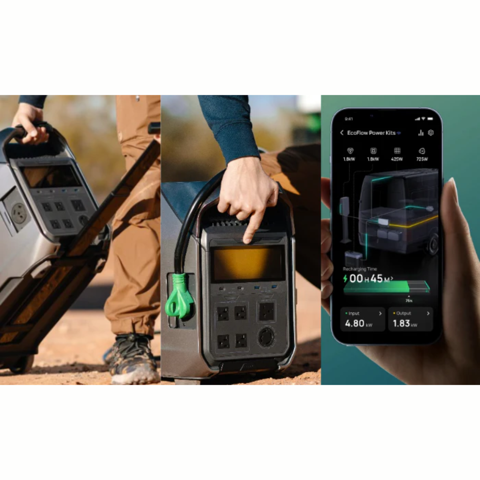 EcoFlow DELTA Pro 3 Portable Power Station with smartphone app displaying power usage and charging time