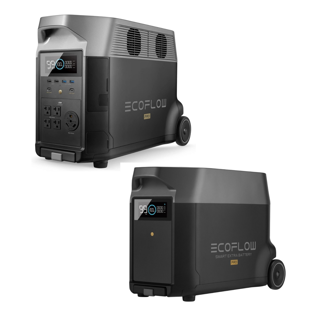 EcoFlow DELTA Pro + DELTA Pro Extra Battery + Solar Panel, showcasing backup power features and design.