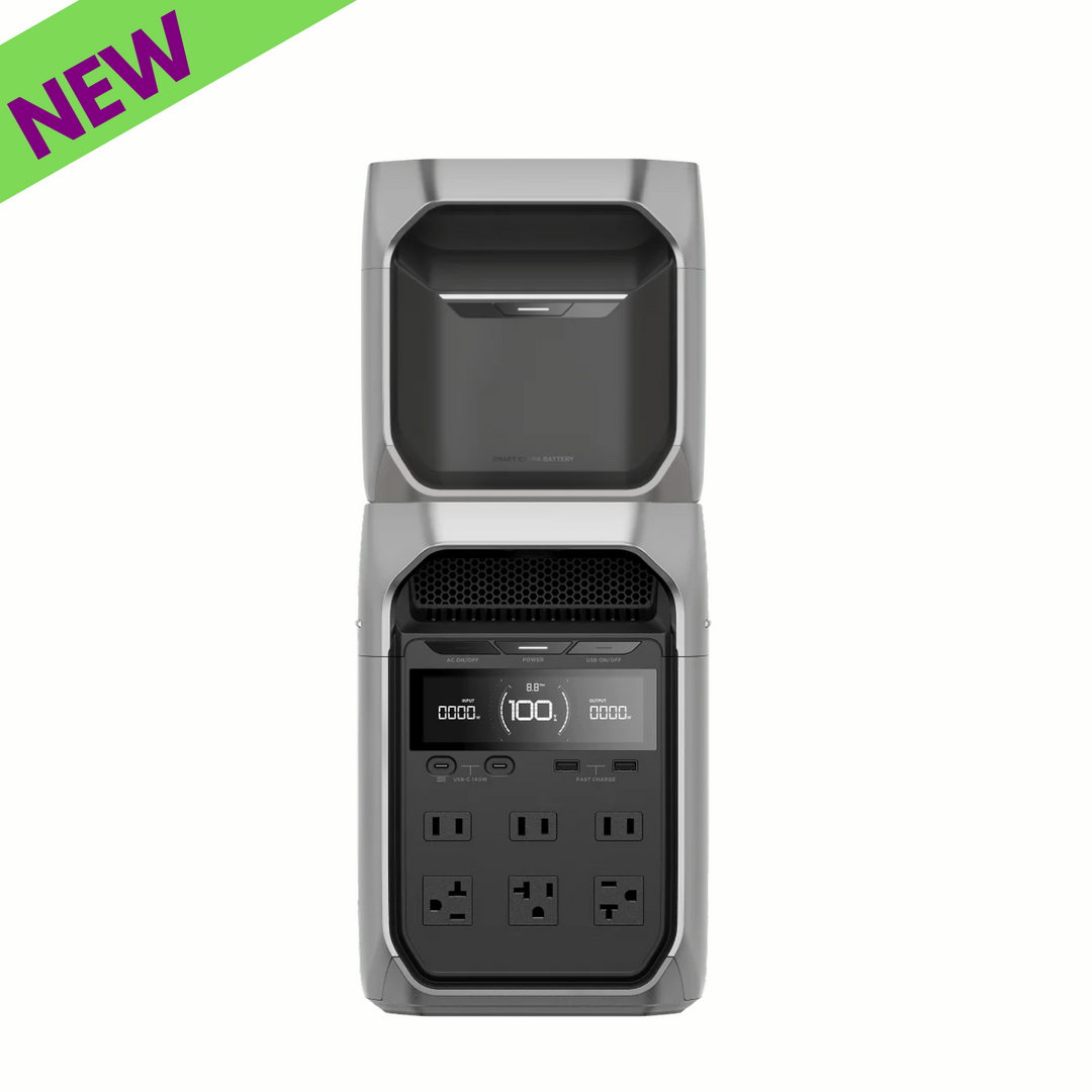 EcoFlow DELTA 3 Plus Power Station front view with new label, featuring digital display and multiple power ports.