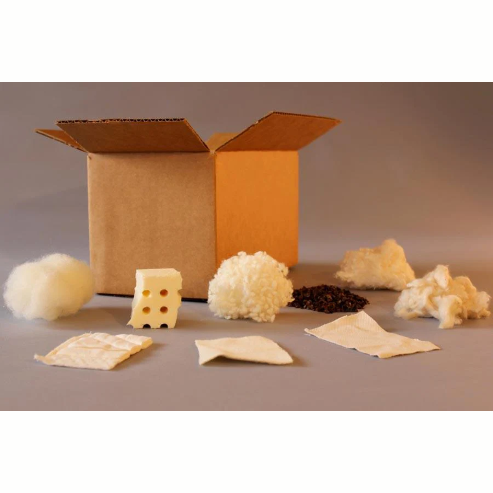 Soaring Heart Sample Box Kapok featuring organic wool, cotton, latex, and natural materials for bedding.