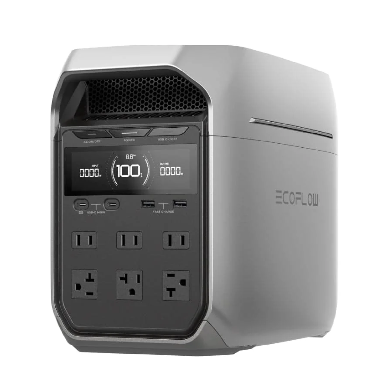 EcoFlow DELTA 3 Plus Power Station with display and multiple outlets for portable energy solutions.