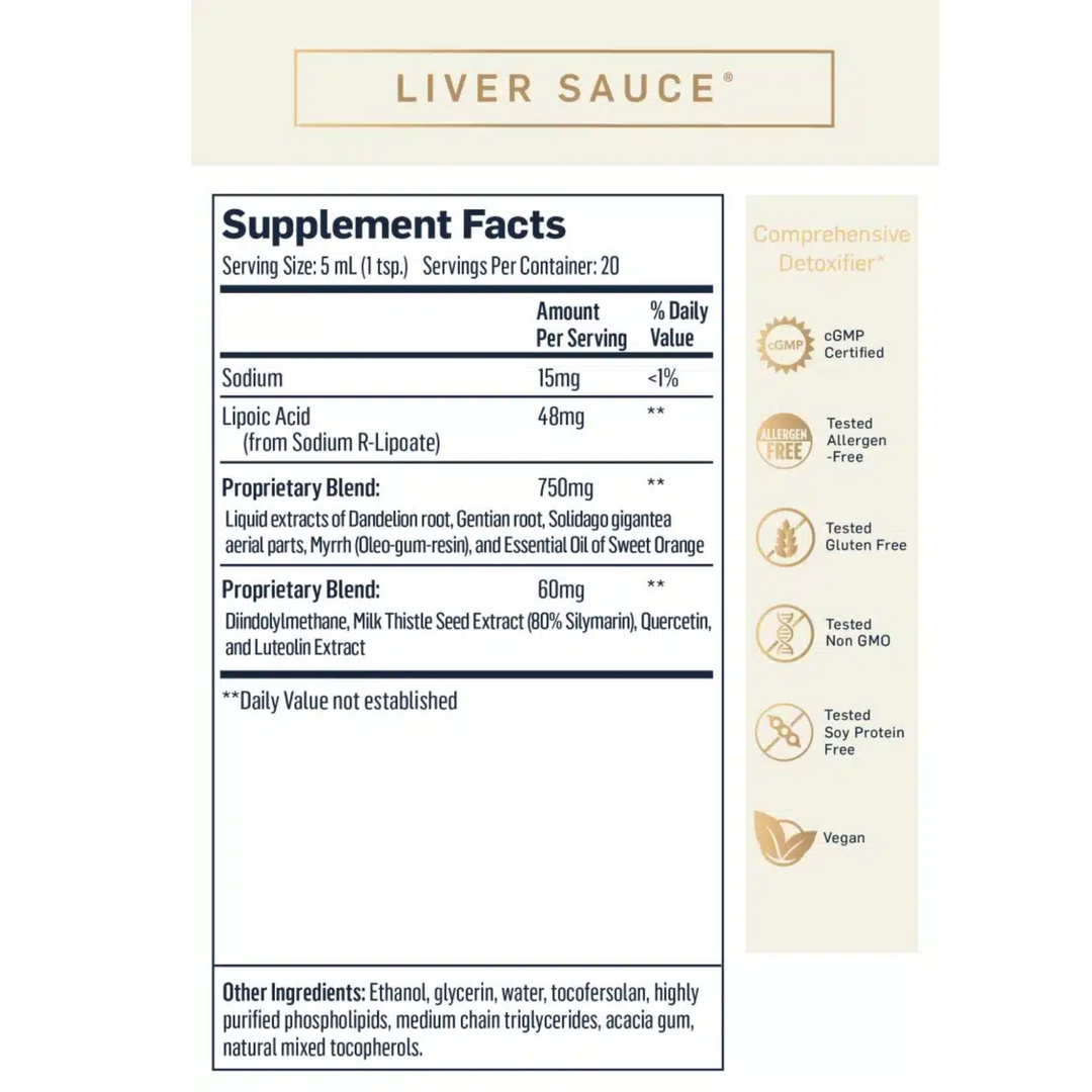 Supplement facts label for Quicksilver Scientific PushCatch Liver Detox Box, 100ml Liver Sauce, showing ingredients and nutritional information. Vegan, non-GMO, gluten-free, allergen-free.