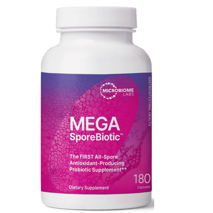 Microbiome Labs MegaSporeBiotic Probiotics Digestive Health 180 Caps, antioxidant-producing probiotic supplement.