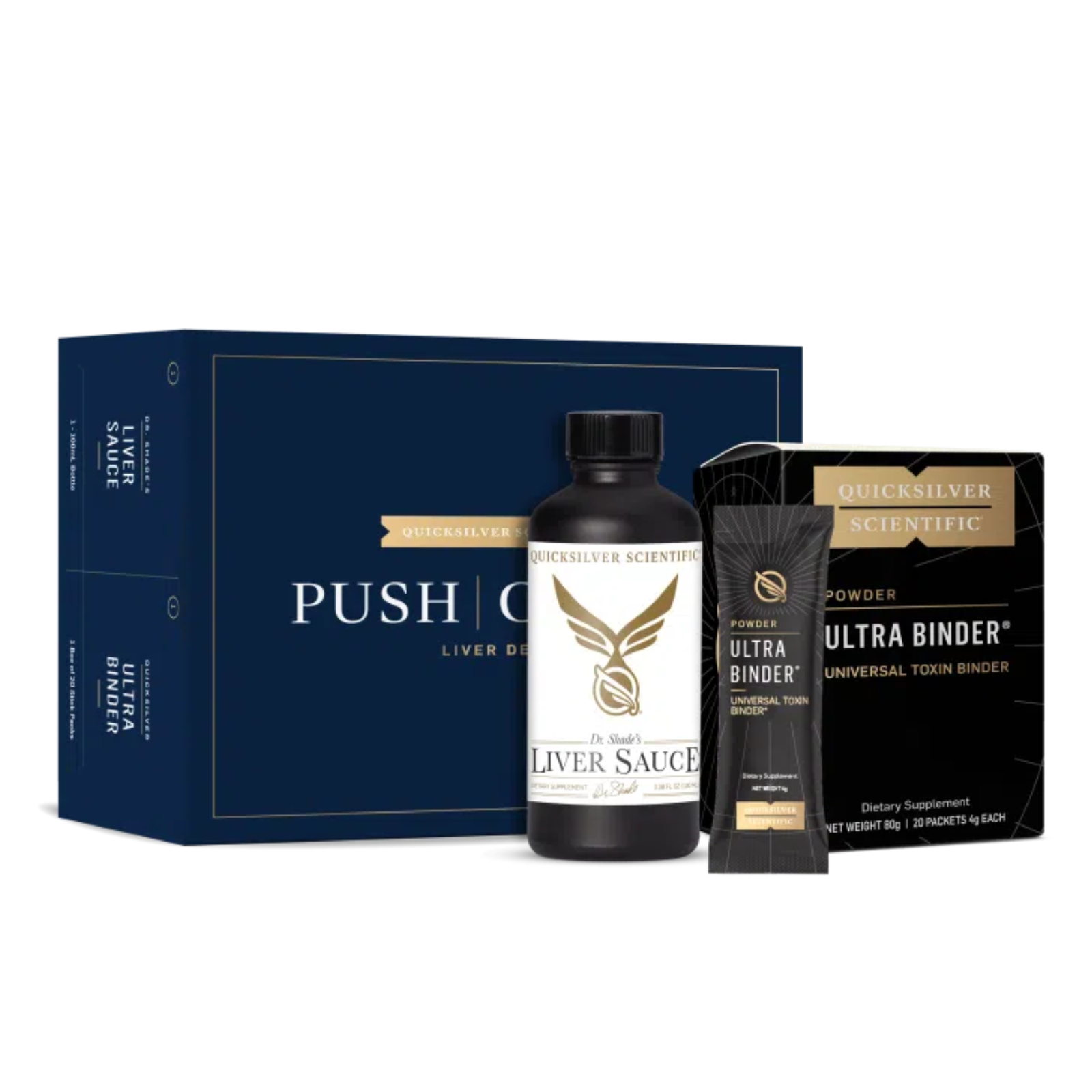 Quicksilver Scientific PushCatch Liver Detox Box with Dr. Shade's Liver Sauce and Ultra Binder stick packs.
