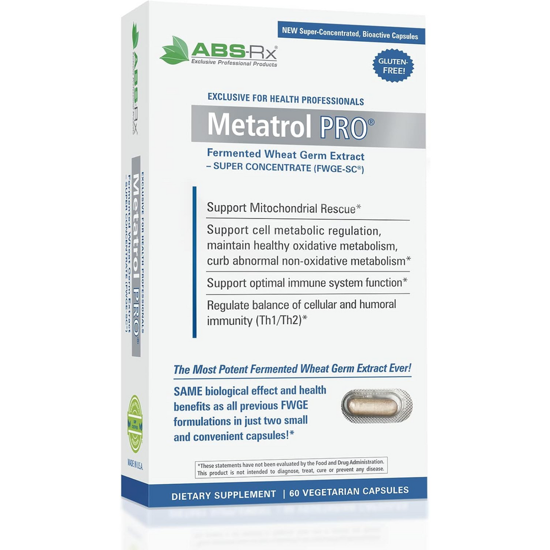 American Biosciences Metatrol Pro 60 Caps Fermented Wheat Germ Extract packaging with nutritional benefits and dietary supplement information