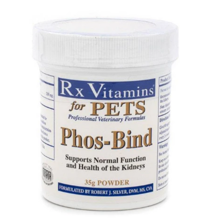 Rx Vitamins For Pets Phos-Bind Powder 35g container for kidney support in dogs and cats.