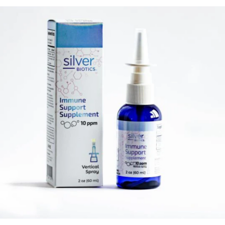 American Biotech Labs Silver Biotics Nasal Spray 20ppm SilverSol 2Oz with packaging beside the bottle.