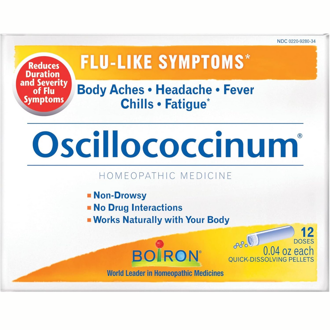 Boiron Laboratories Oscillococcinum 12 packaging featuring claims for flu-like symptoms relief.