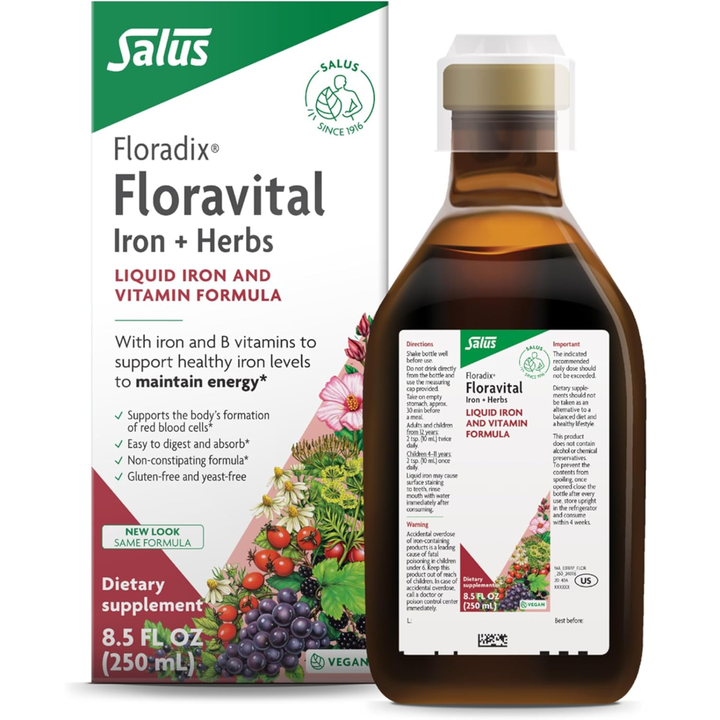 Floradix Floravital Liquid Iron Herbs Formula Supports Energy Yeast Free 250mL