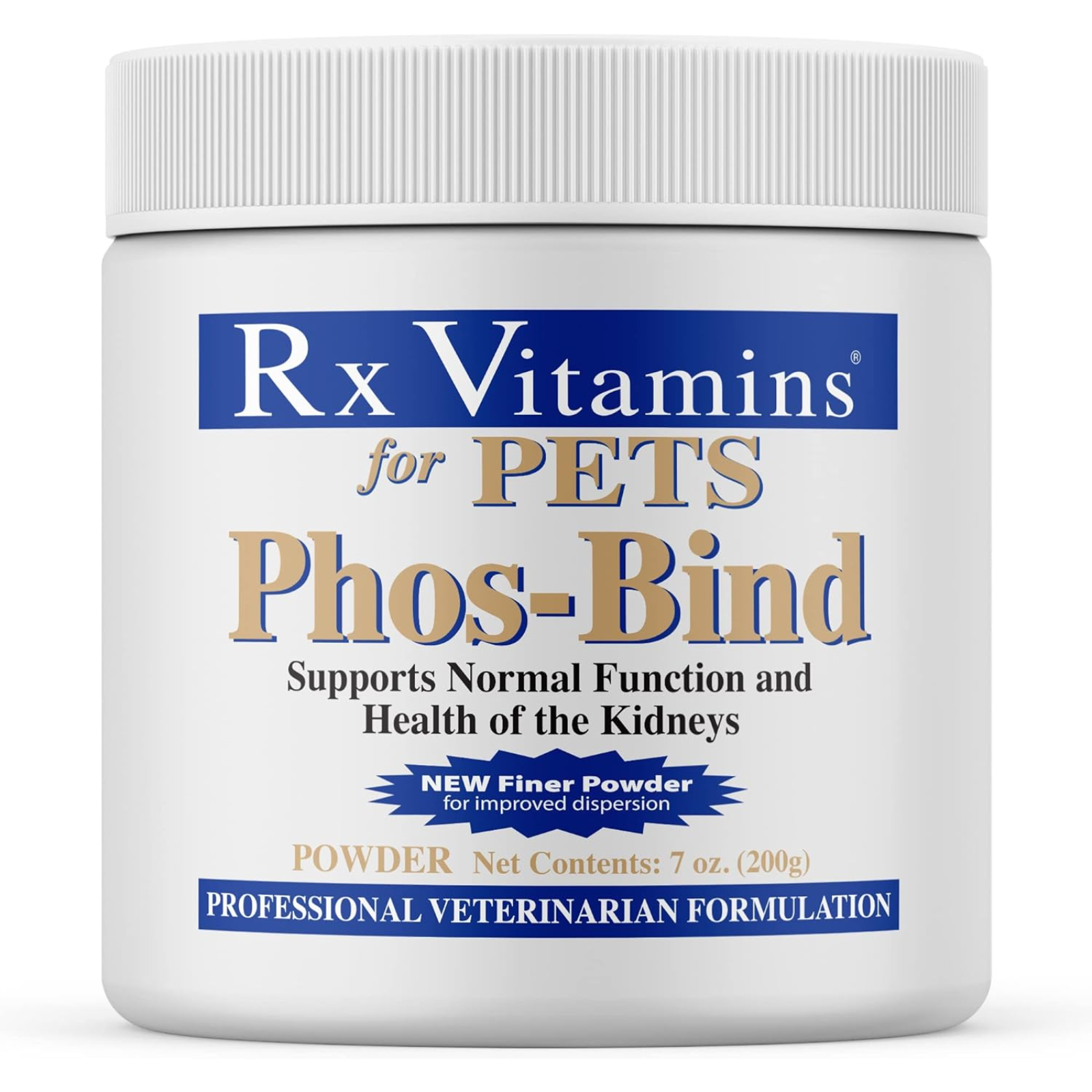 Rx Vitamins For Pets Phos Bind 200g Kidney Support Powder container with label featuring kidney health benefits.