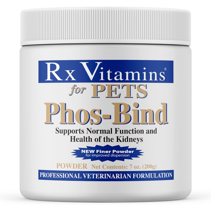 Rx Vitamins For Pets Phos Bind 200g Kidney Support Powder container with label featuring kidney health benefits.
