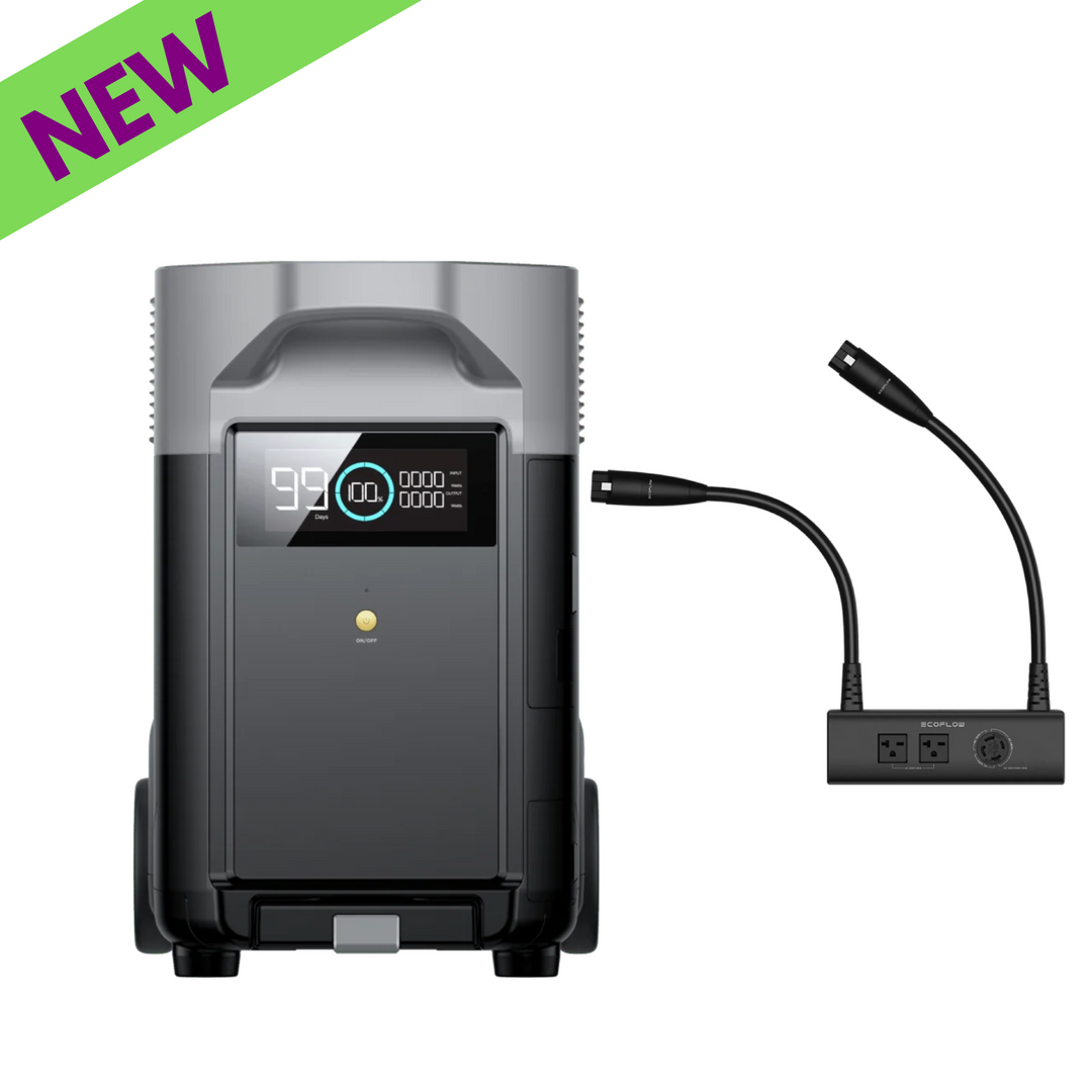 EcoFlow DELTA Pro Extra Battery + Voltage Hub: Home Backup Solar Power Solution with display and cables.