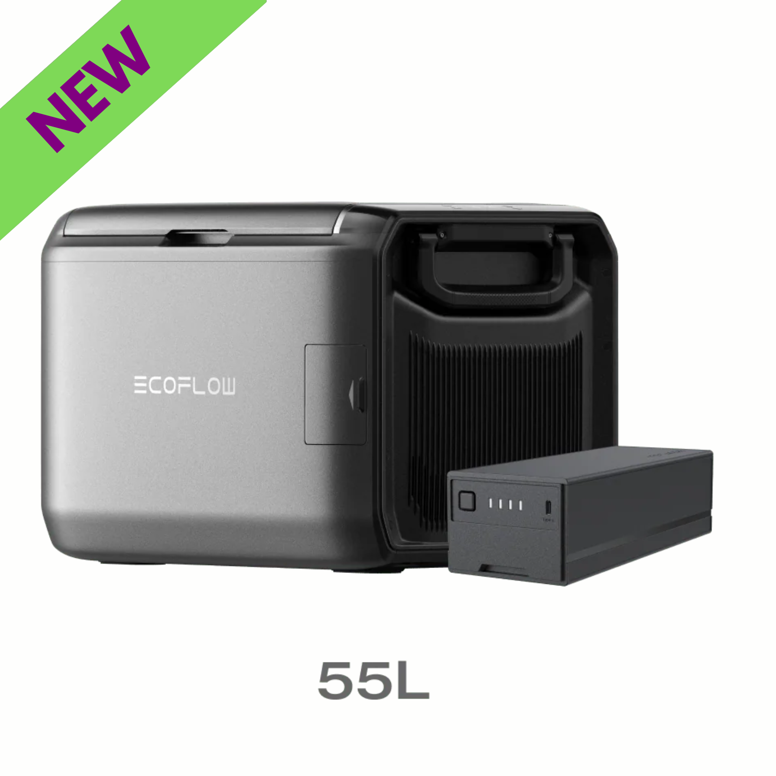 EcoFlow GLACIER Classic Portable Cooler 55L Plug-in Battery Dual Zone in sleek design with new label.