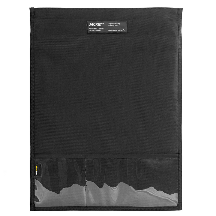 Faraday Jacket Pro Cordura XL bag in black with clear pocket and magnetic closure for laptops.