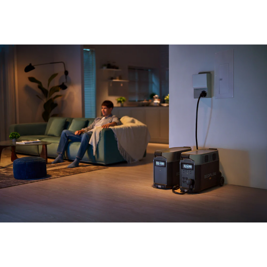 EcoFlow DELTA Pro Portable Power Station charging while a person relaxes in a cozy living room.