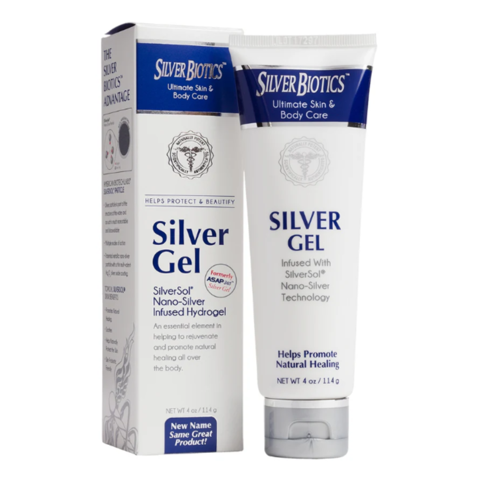 American Biotech Labs Silver Biotics Silver Gel 1.5 Oz Antibacterial tube with box, promoting natural healing and skin health.