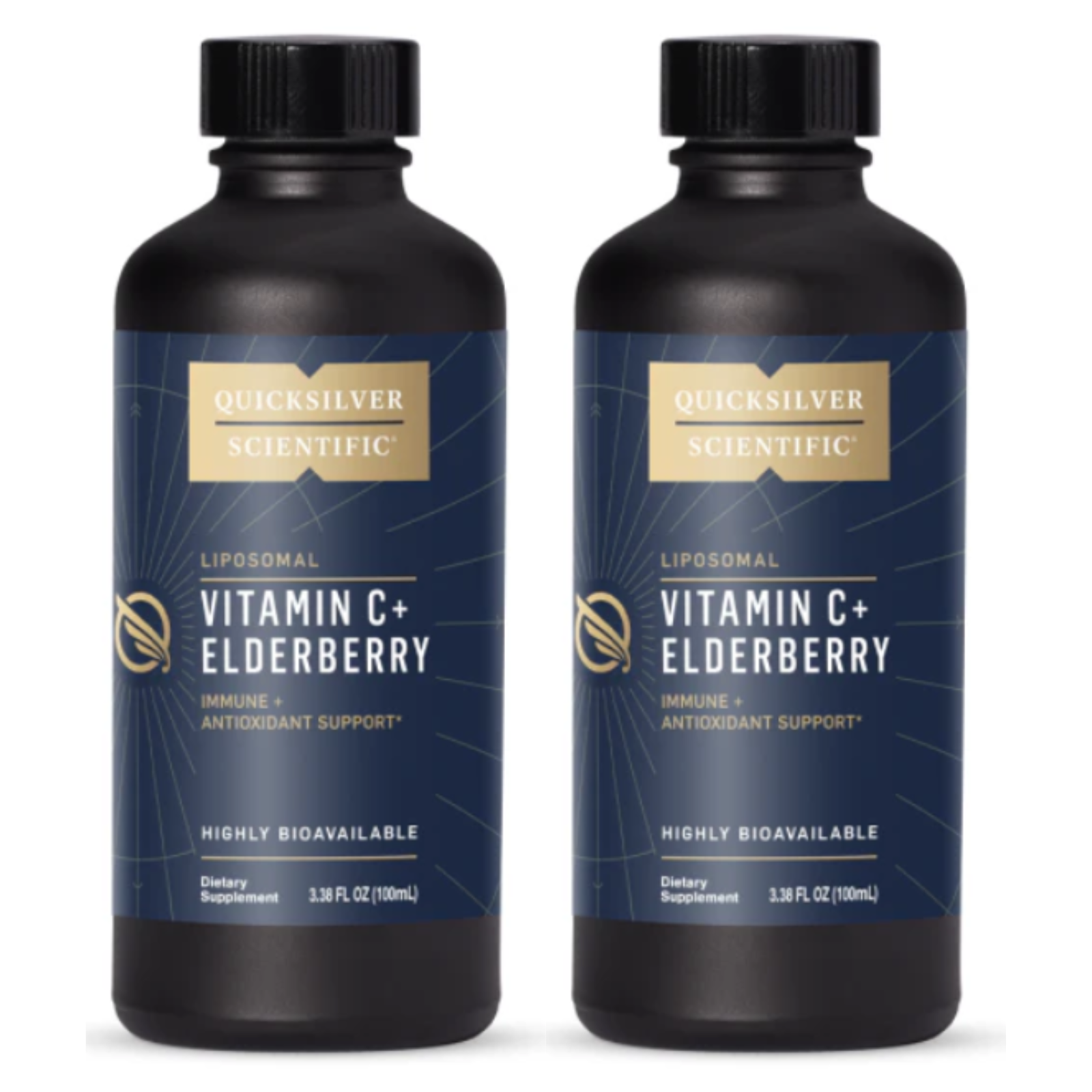 Quicksilver Scientific Liposomal Vitamin C+ Elderberry 2 pack bottles for immune support, 100 mL each.
