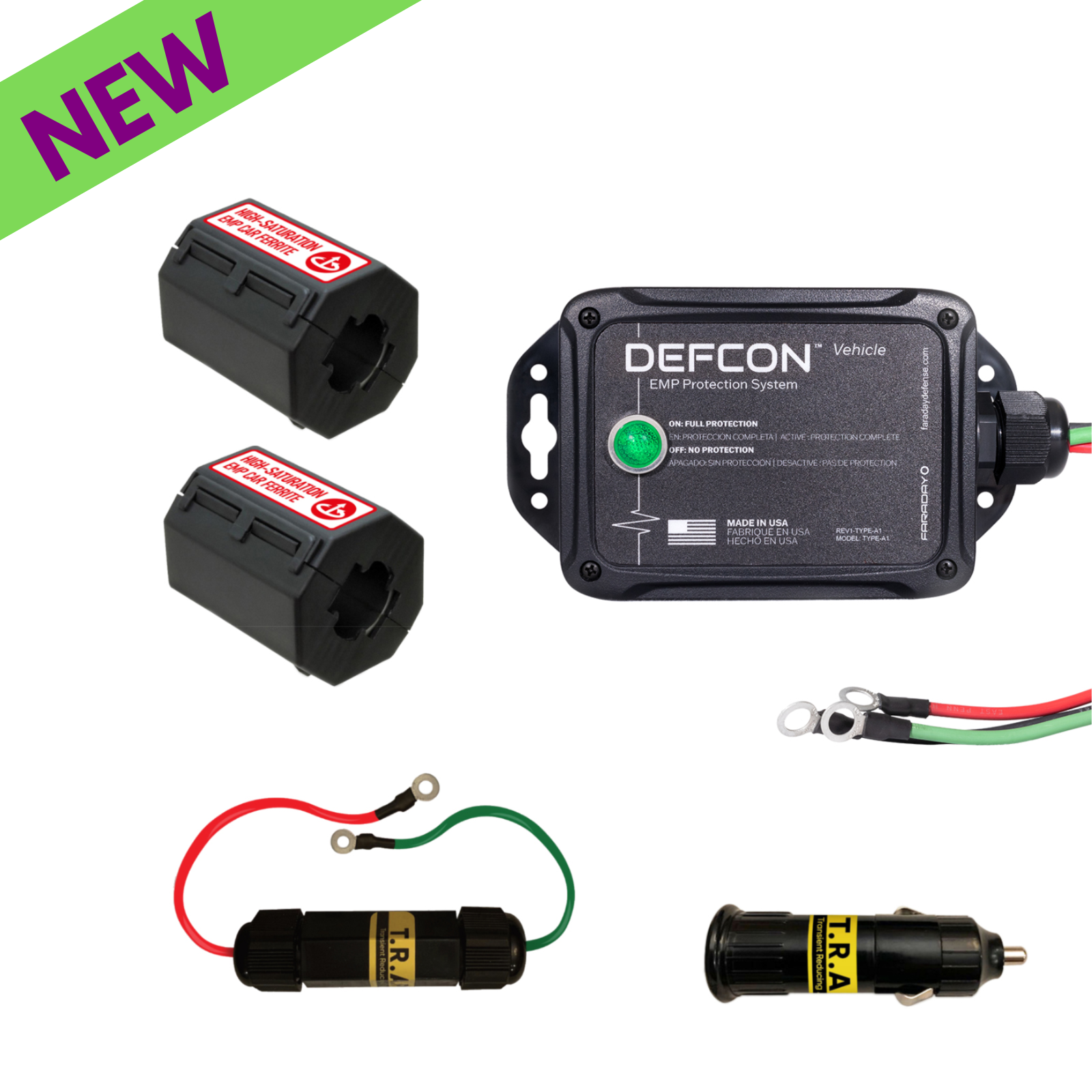 Faraday DEFCON Vehicle Plus EMP Vehicle Protection Kit components, including EMP protection system and installation cables.