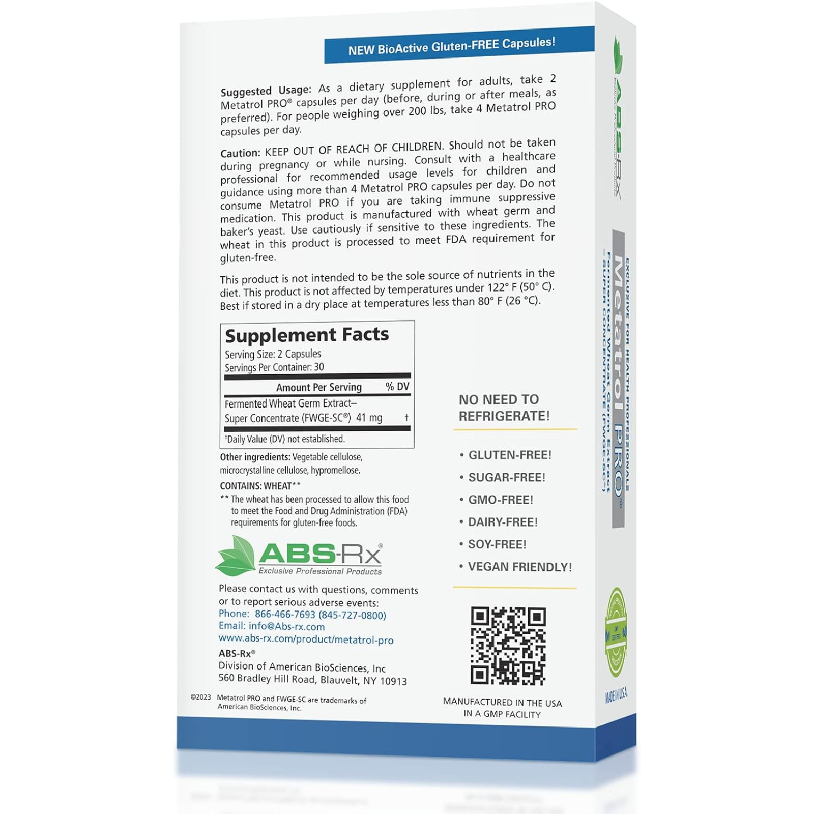 American Biosciences Metatrol Pro 60 Caps label showing supplement facts and usage instructions for fermented wheat germ extract.