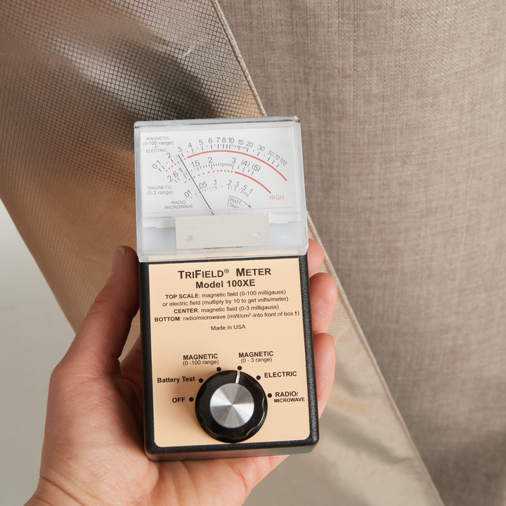 TriFIELD METER Model 100XE measuring EMF levels near Faraday MAX Blackout CYBER Faraday curtains.