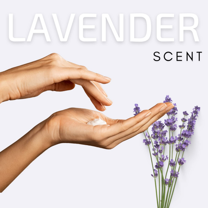 Hand applying cream with lavender scent next to lavender flowers.