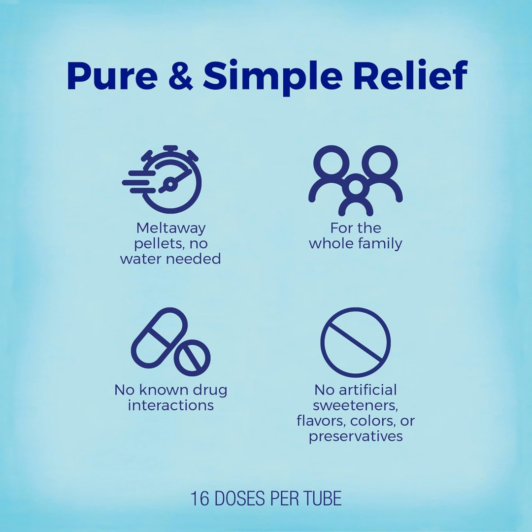 Pure &amp; Simple Relief infographic highlighting meltaway pellets, family-friendly use, and no artificial ingredients.
