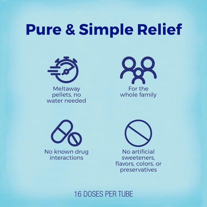 Pure &amp; Simple Relief infographic highlighting meltaway pellets, family-friendly use, and no artificial ingredients.
