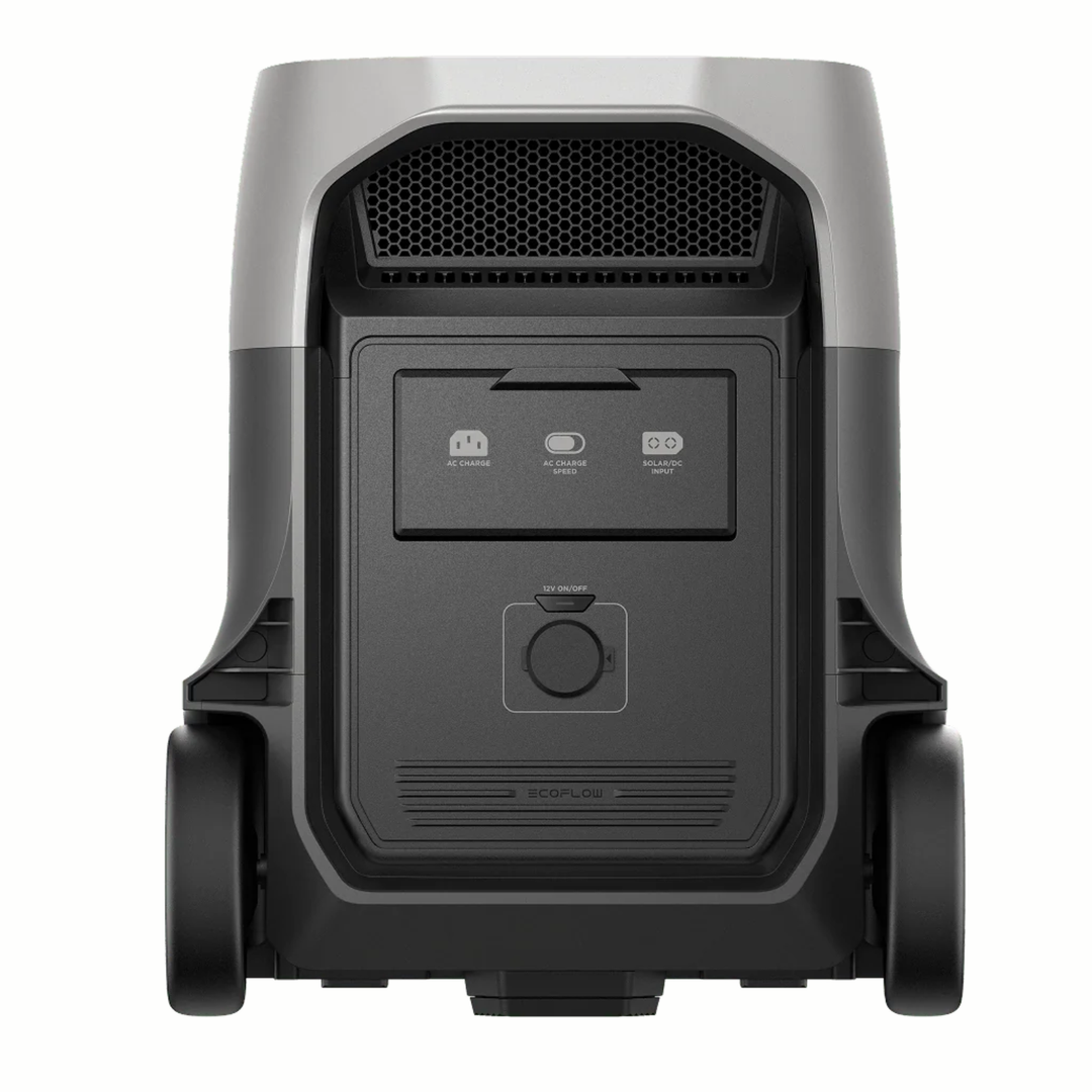 Back view of EcoFlow DELTA 3 Ultra Plus Portable Power Station showcasing control panel and wheels.