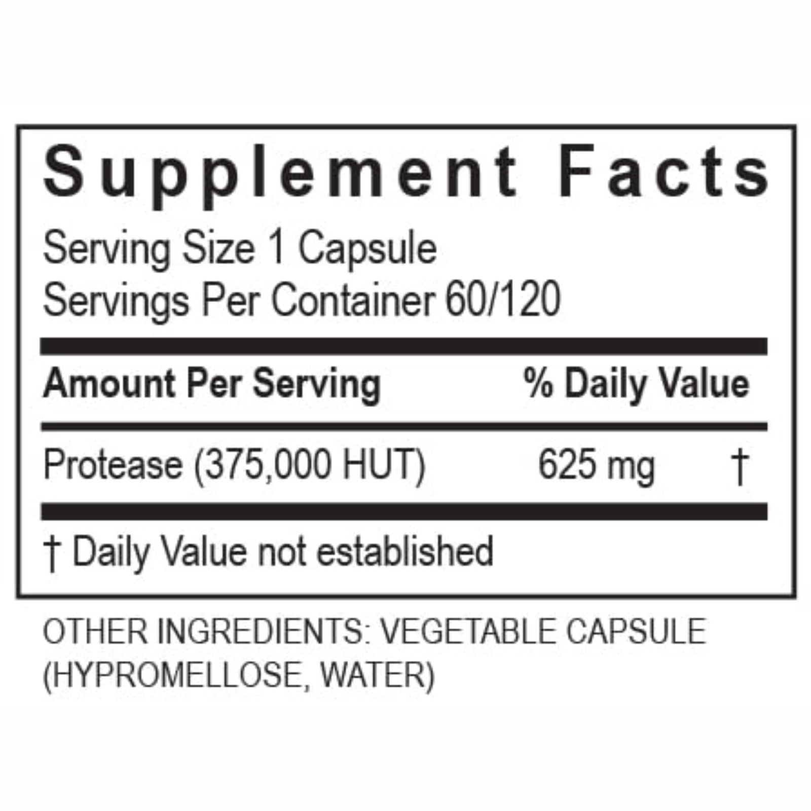 Supplement facts for Transformation Enzymes Protease 375K, highlighting serving size and ingredients of 60 capsules.
