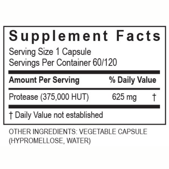 Supplement facts for Transformation Enzymes Protease 375K, highlighting serving size and ingredients of 60 capsules.